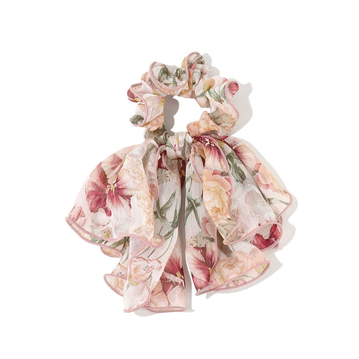 Romantic Floral Bow Scrunchie on white background showing side angle of floral bow design