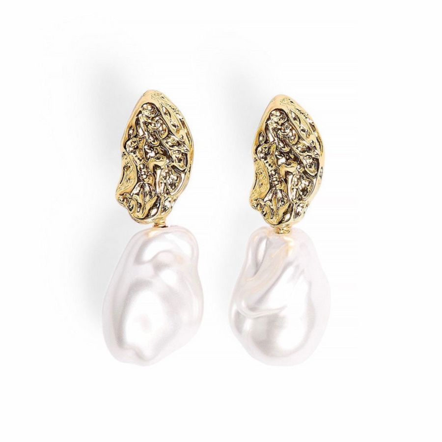 Sculpted Pearl Earrings with organic gold design and pearl accents on white background