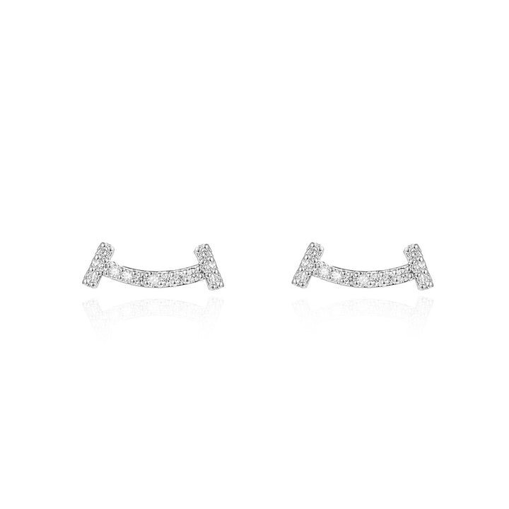 Pair of silver earrings with small diamonds on a white background