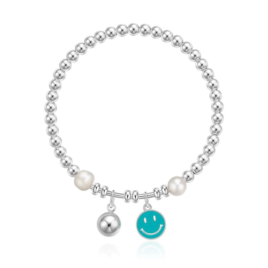 Smiley Pearl Bracelet with pearl beads and smiley charm on white background