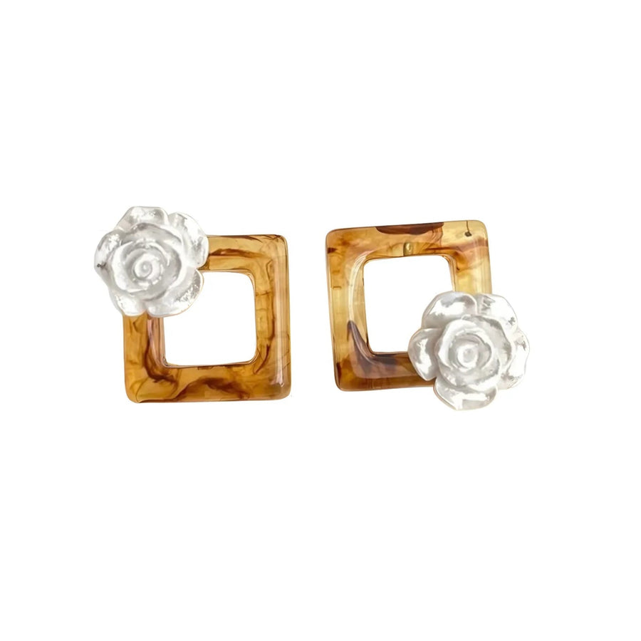 Square Bloom Earrings with gold floral design on white background