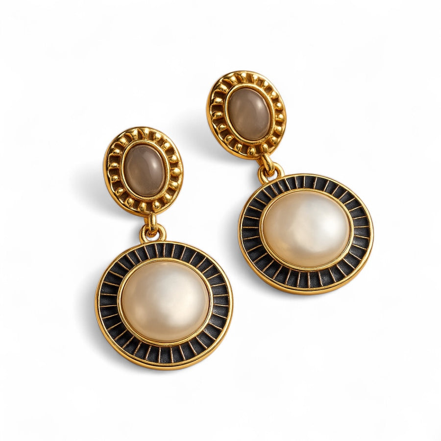 Vintage Baroque Pearl Drop Earrings with gold filigree and baroque pearls on white background