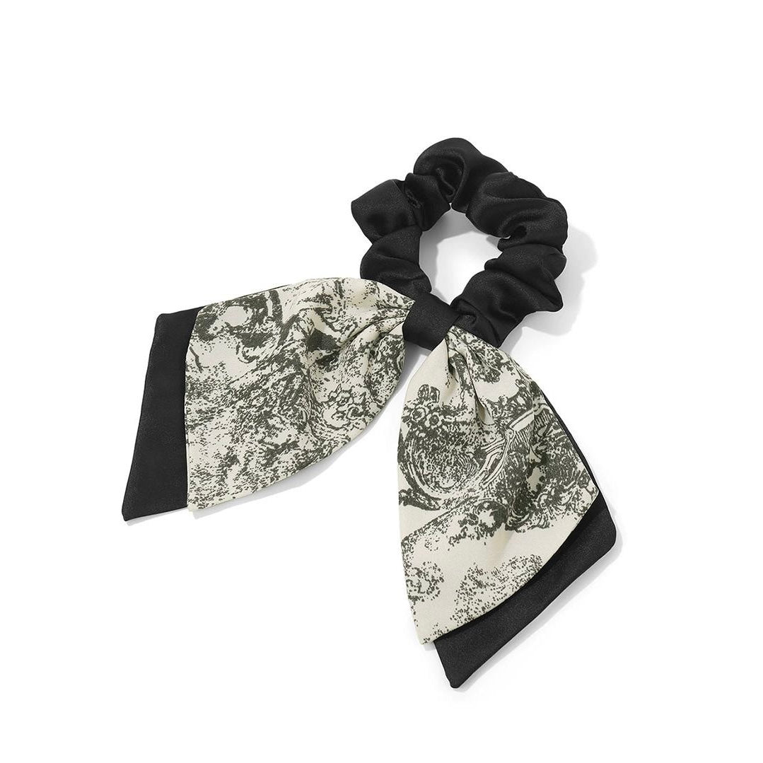 Vintage Scarf Bow Scrunchie with long bow design on white background