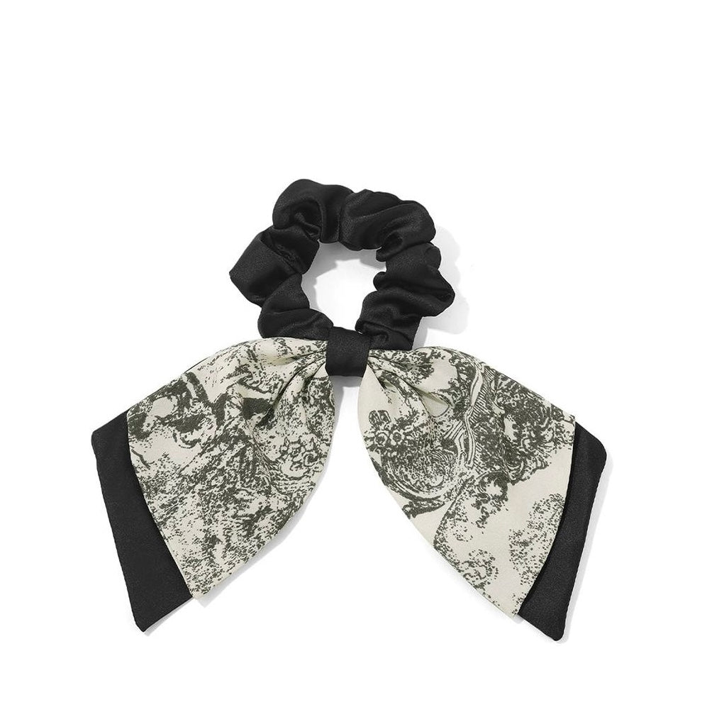 Vintage Scarf Bow Scrunchie on white background showing side angle of bow detail