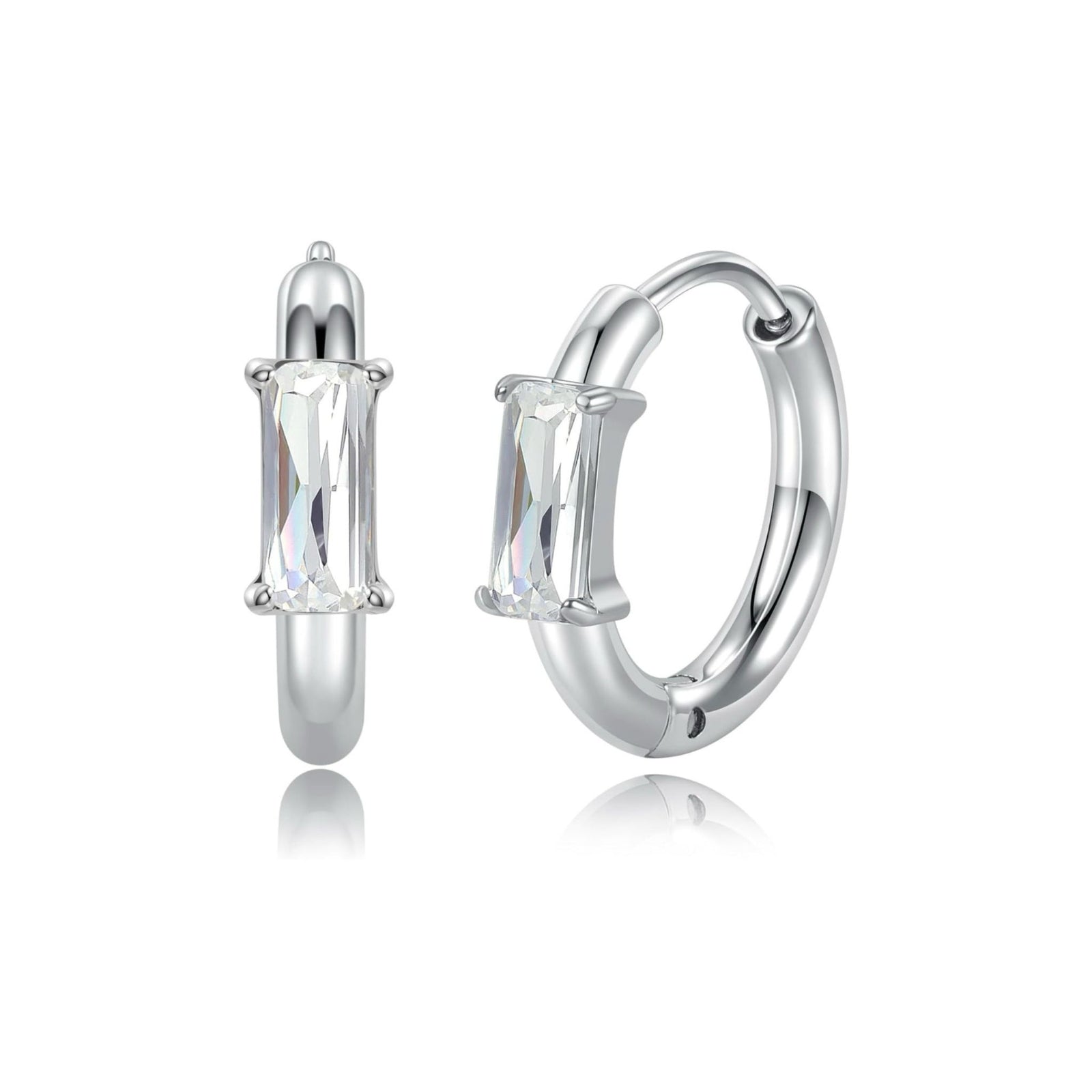 Zircon Huggie Hoop Earrings with gold-tone setting and zircon stones on white background
